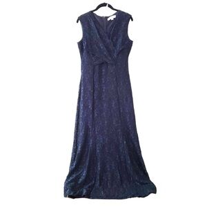 NWT Tahari ASL Sleeveless Floral Lace Sparkle Surplice Formal Gown, Navy Blue, 8